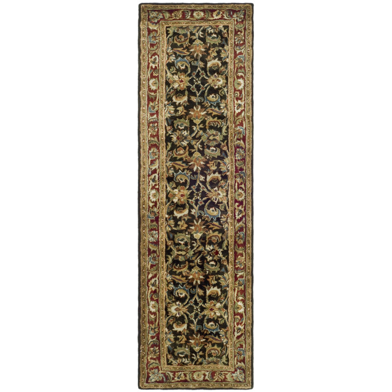 Tapis oriental en laine touffeté à la main à motif oriental olive foncé / rouge Alg, Tapis de couloir 2 pi 3 po x 12 pi