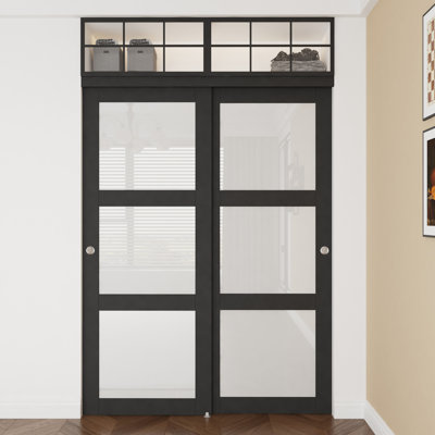 Black 60x80 3-Lite Frosted Glass Sliding Closet Door Including All Sliding Closet Door Hardware Kit