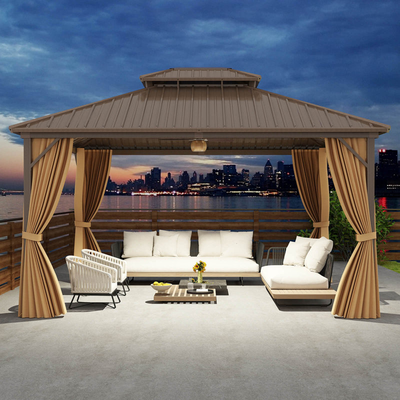 Hardtop Gazebo with  Netting Heavy-Duty Double-Roof Galvanized Metal Top, 120" H x 168" W x 144" D