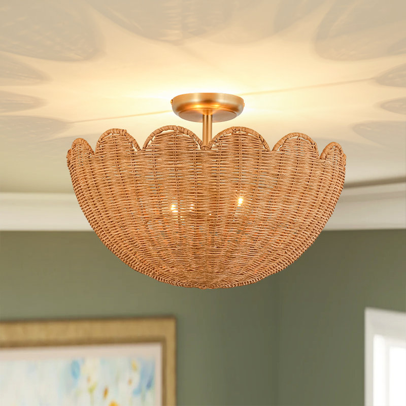 2-Light Rattan Shell-Shape Semi-Flush Mount, Brass