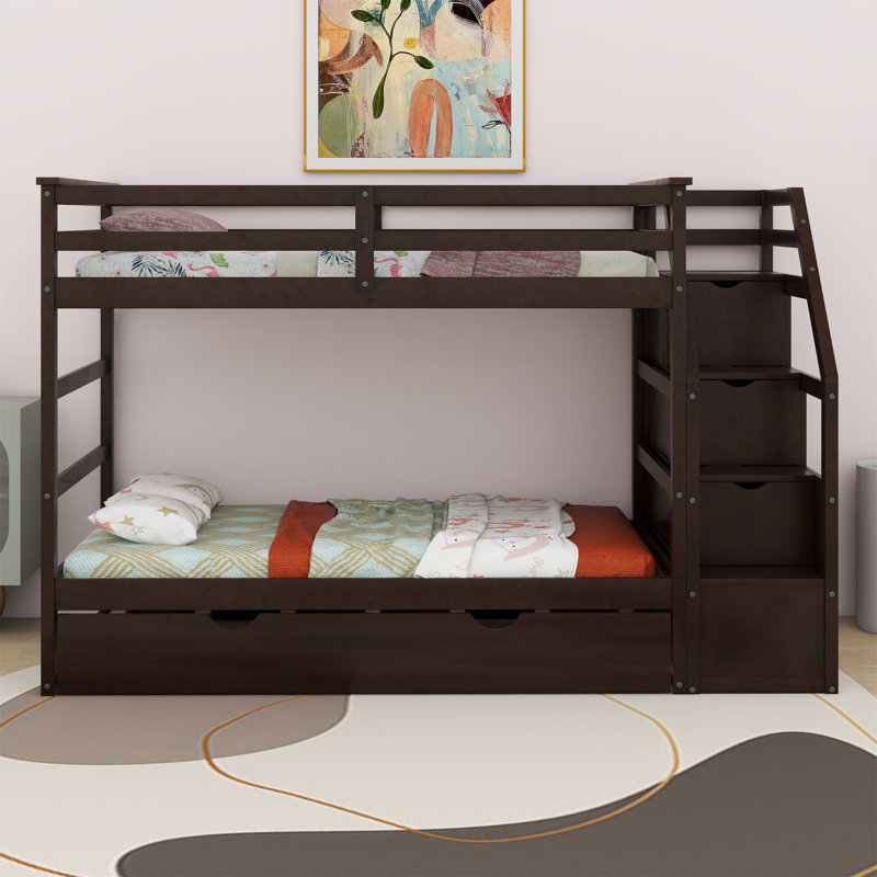 Bunk Bed with Trundle and Storage Stairs, Black