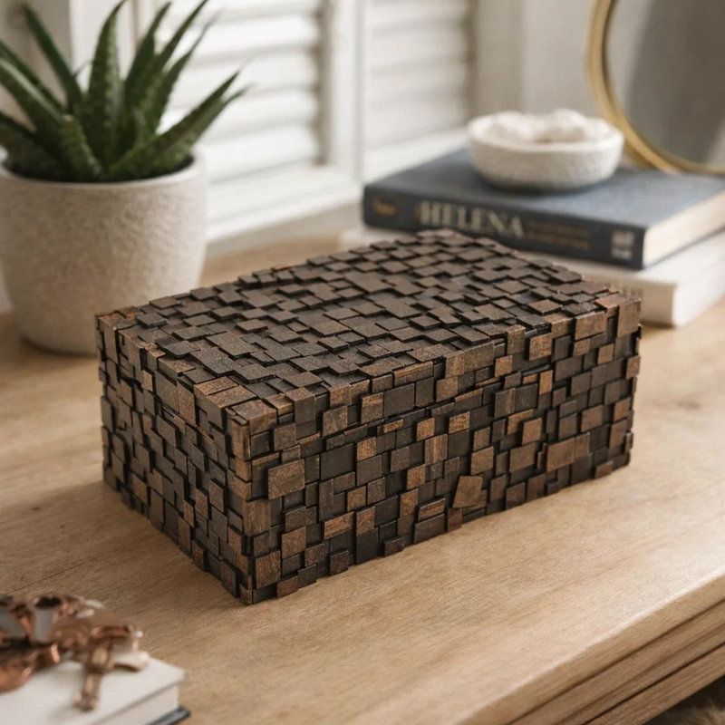 Boîte de rangement décorative Lissa, résine texturée, 13 pouces, Brun