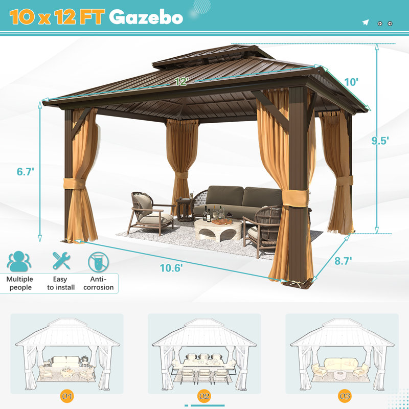 10' X 12' Aluminum Frame Gazebo, Hardtop Gazebos With Curtain And Netting