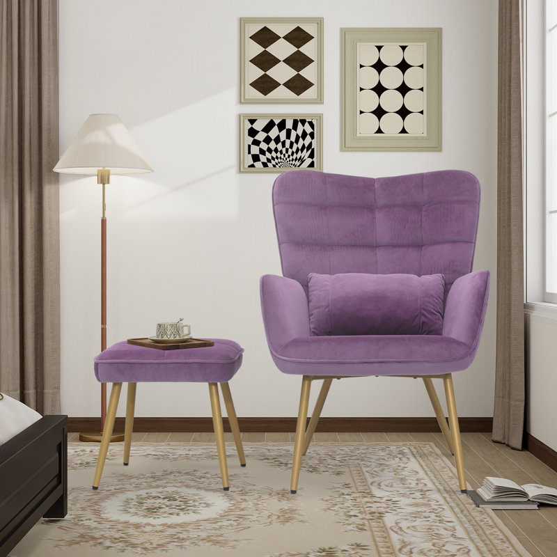 Trishika Velvet Wingback Chair with Ottoman, Purple Velvet