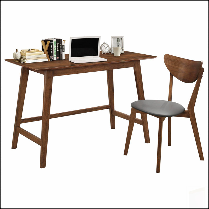 Ensemble de bureau d'écriture 2 pièces en bois de noyer et chaise rembourrée gris foncé, parfait pour les bureaux à domicile de style Mid-Century moderne.