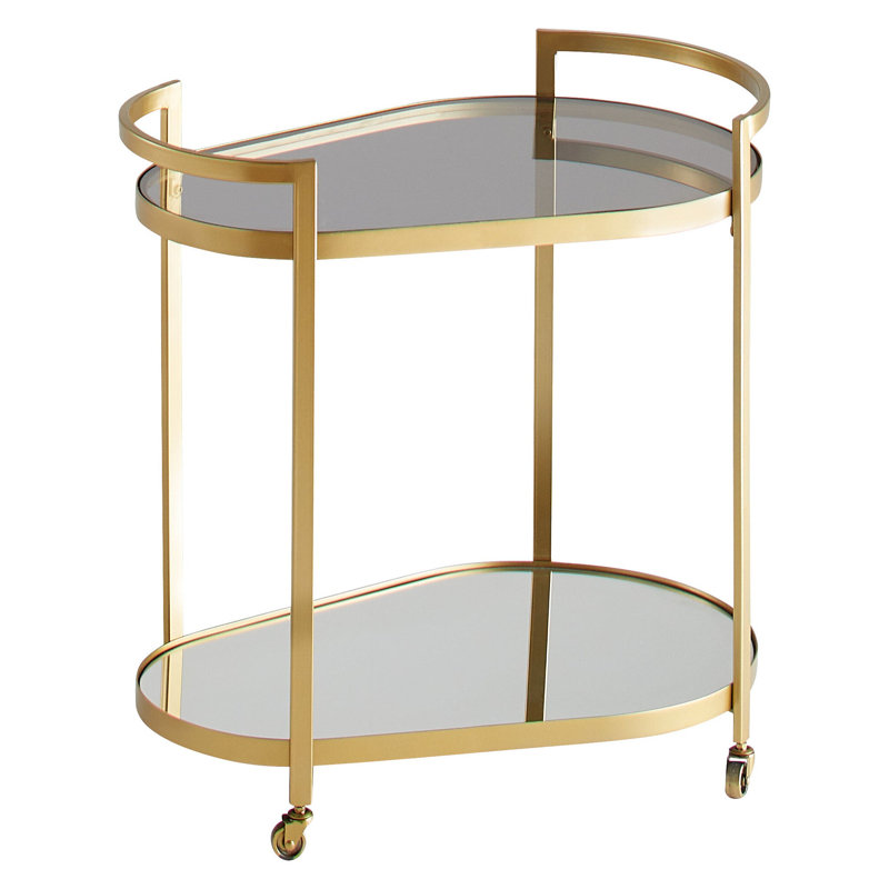 Gold Two-Tier Mirrored Glass Bar Cart with Wheels