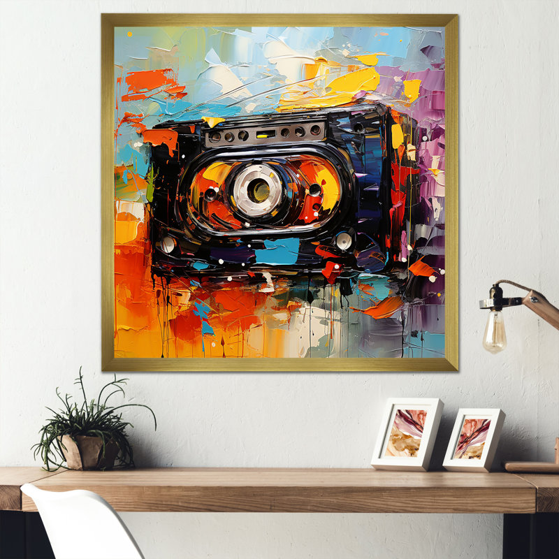 Cassettes colorées abstraites et mélodiques II - Cassette, art mural, Cadre doré simple, H 36 po x l 36 po x P 1,5 po