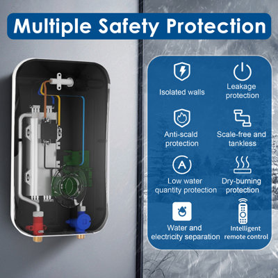  Chauffe-eau instantané électrique sans réservoir 220 / 240v, petit chauffe-eau intelligent auto-modulant sans perte en mode veille, cuisine sous la douche, eau chaude