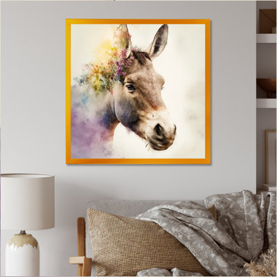 «Brown Portrait Donkey with Flowers I», reproduction d'art sur toile