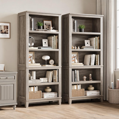 Set of 2 Tall Modern 5-Tier Bookcases – Narrow Bookshelves with Adjustable Shelves & Wooden Legs – Farmhouse Office Organizer – Gray
