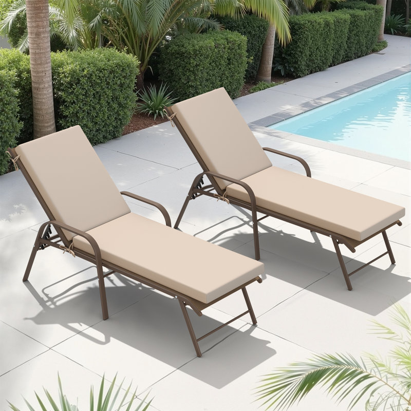 Adjustable Aluminum Outdoor Chaise Lounge Chairs With Removable Cushions (Set Of 2), Beige, Brown/Brown