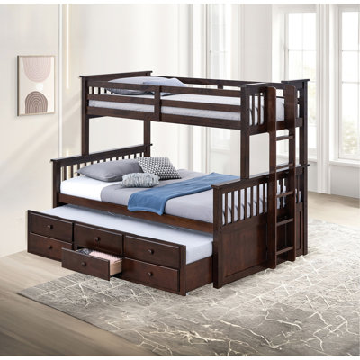 Lit superposé simple au-dessus d'un lit double transitionnel en noyer foncé avec tiroirs latéraux et tiroirs, fabrication en bois d'ingénierie massif, pour espace de chambre à coucher, rangement sous le lit, base, utilisation