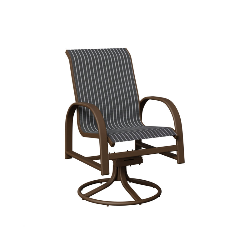 Chaise berçante pivotante en aluminium Amma Mesquite, Veine d'aluminium et de bois mesquite, Whisper rayé bleu marine
