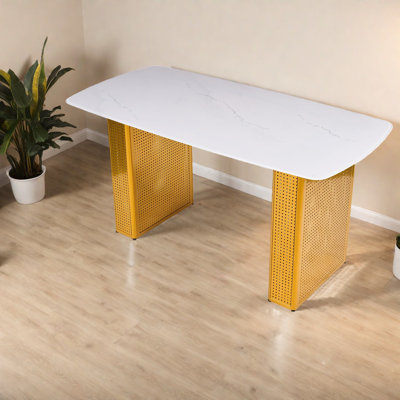 Modern Gold Metal Dining Table, Spacious Tempered Glass Top, Contemporary Home Office