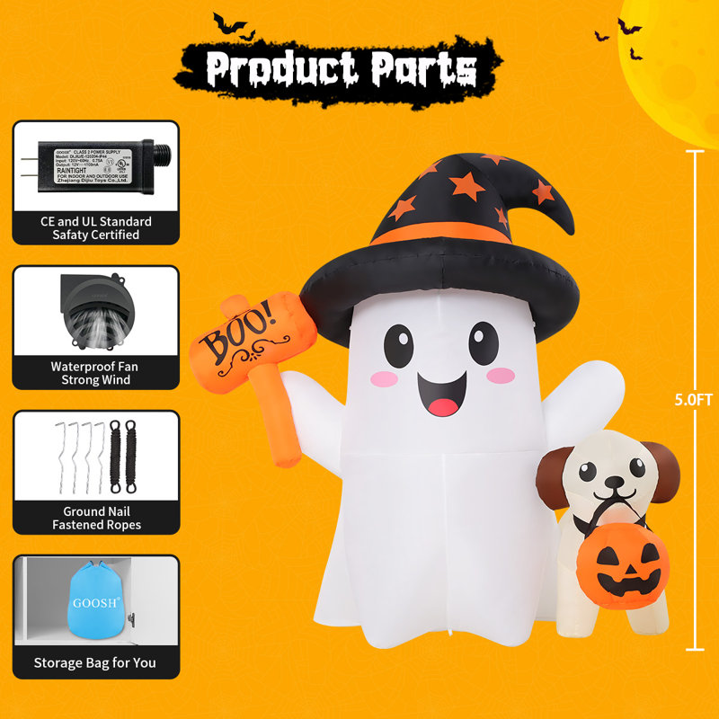 Fantôme et chiot gonflables d'Halloween de 5 pi avec lumières DEL intégrées