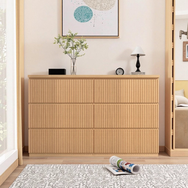 Commode à 6 tiroirs en bois avec panneaux ondulés - Large commode naturelle pour la chambre à coucher, le couloir, l'entrée et le salon