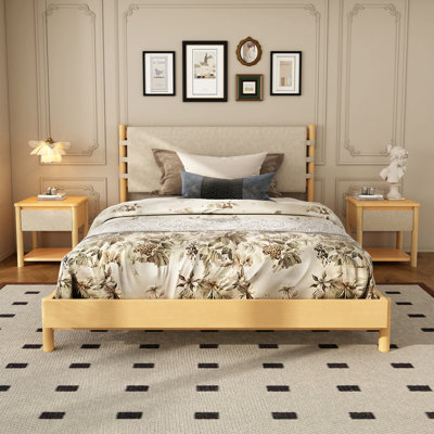 Ensemble de cadre de lit grand moderne avec 2 tables de chevet, lit plateforme en bois beige avec tête de lit et tables de chevet assorties pour la chambre à coucher