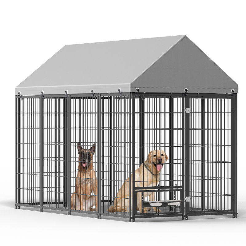 Enceinte d'extérieur pour animaux de compagnie - l 7,94 pi x l 4,13 pi x 5,95 pi, confort de vie, fer en métal, double verrou, alimentation réglable pour grand chien, spacieuse et stable, construction, mangeoires rotatives, éléments