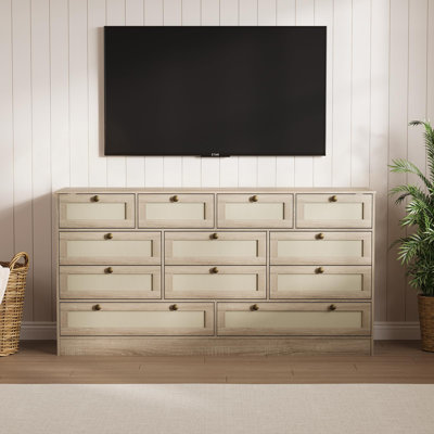 Commode 12 tiroirs en bois, commode de 61 po de largeur, meuble télé moderne pour télé 65 po et rangement