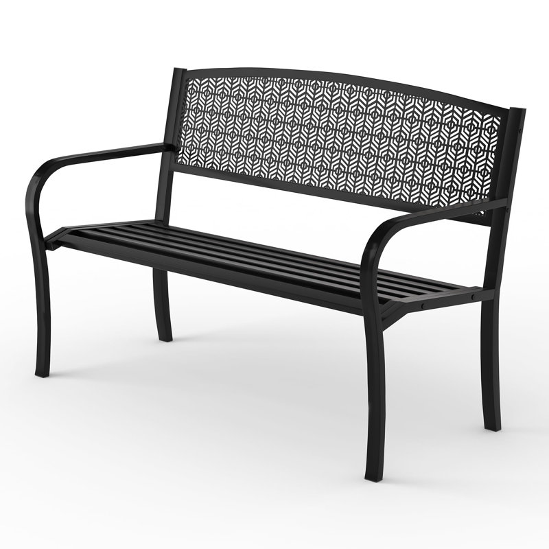 Banc de patio extérieur en métal noir avec dossier incurvé de 50 po, conception géométrique décorative, fer à repasser robuste pour porche de terrasse