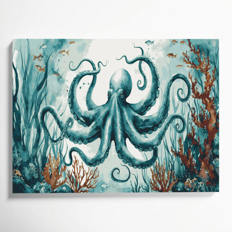 Art mural sur toile vert "Coastal Octopus Garden"