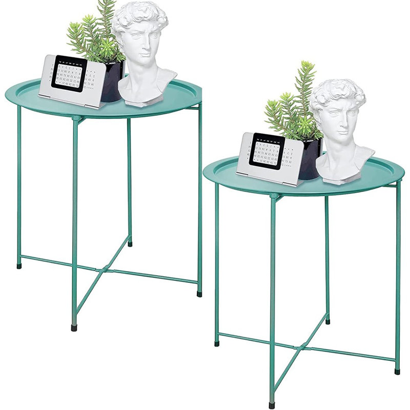 Ensemble de 2 tables d'appoint rondes pliantes en métal pour l'extérieur - petites tables de bout pour l'intérieur et l'extérieur