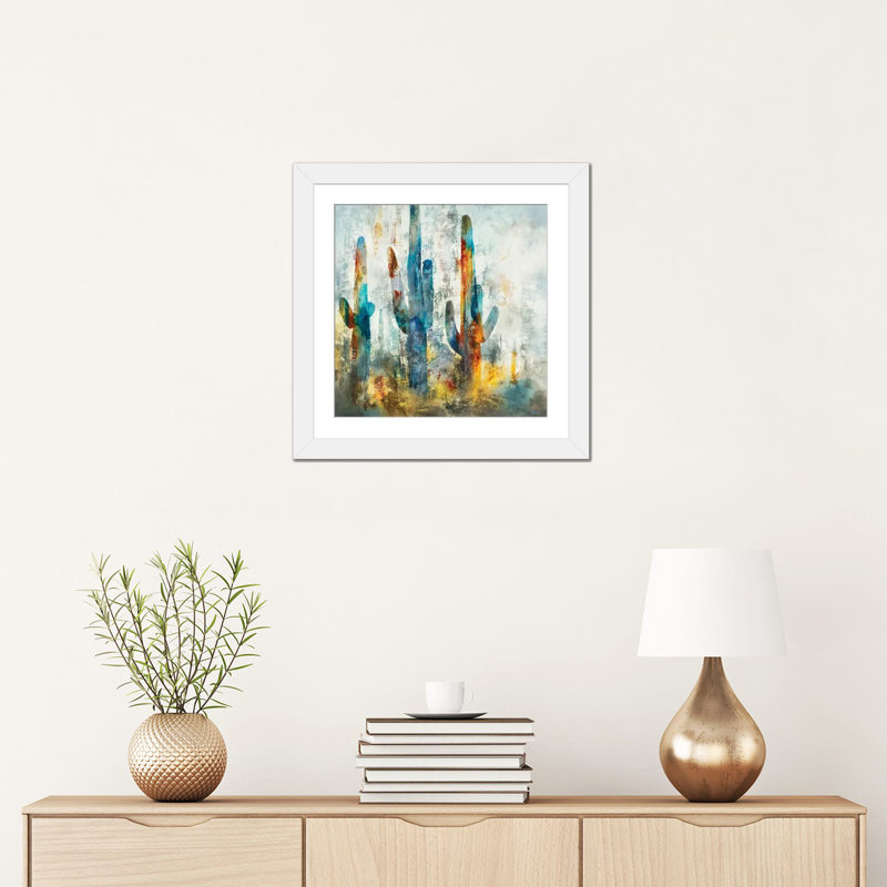 «Saguaro Forest» encadré par Scott Brems, H 16 po x l 16 po x P 1 po, Papier encadré dans un cadre blanc, Oui