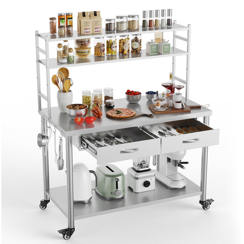Table de préparation commerciale en acier inoxydable l 48 po x P 24 po avec 2 tiroirs et roulettes verrouillables