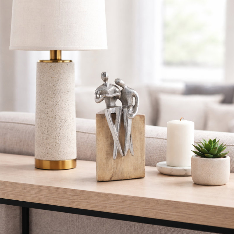 Figurine décorative sur base en bois pour décoration intérieure - Sculpture moderne pour console ou décoration de salon - 10 po, brun et argent