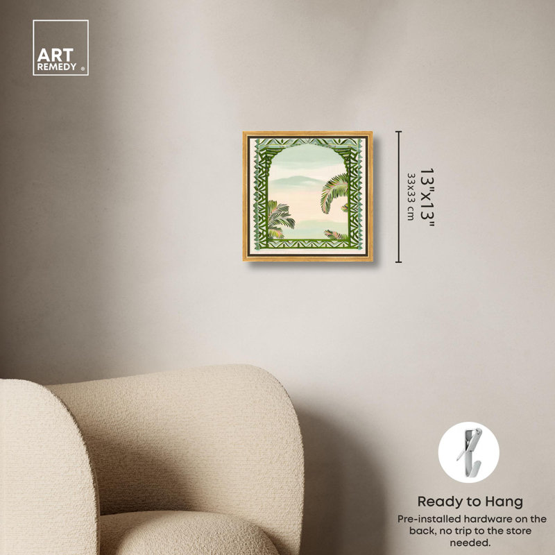 «Palm View Vista», art côtier moderne par , H 13 po x l 13 po, Cadre flottant, Doré