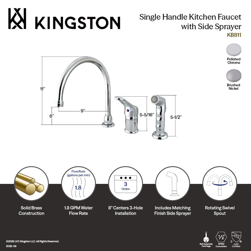 Kingston Brass Wyndham Single-Handle Widespread Kitchen Faucet with Side Sprayer, Polished Chrome, Without Soap Dispenser