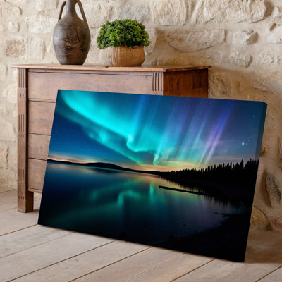 Canvas A Serene Night Scene Showcasing A Tranquil Lake Reflecting A Wall Art Vibrant Aurora Borealis With Swirling Shades Of Green Canvas Wall Art
