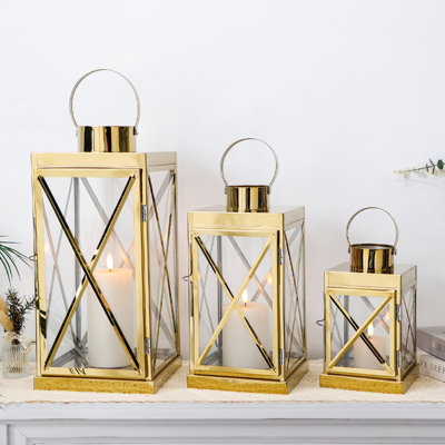 Silver Stainless Steel Lantern 3pcs-Square Elegance 8/12/16In