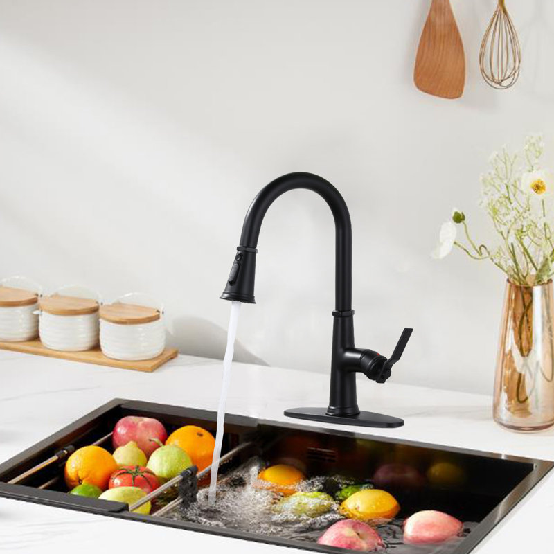 Robinet de cuisine rétractable à poignée simple en acier inoxydable à 3 fonctions avec plaque de pont, Noir mat