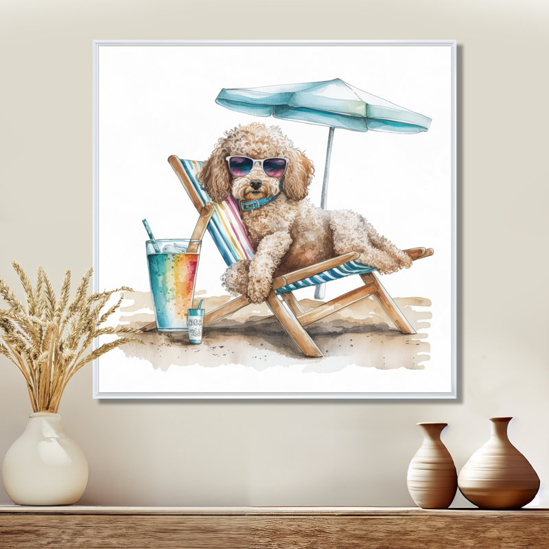 Chien sur une chaise à la plage IV - Art mural chien, H 36 po x l 36 po, Cadre flottant blanc