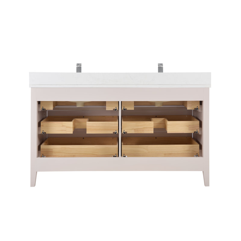 60" Solid Wood Sink Vanity With 1" Artificial Stone Top, Polished Chrome, Dreamy White