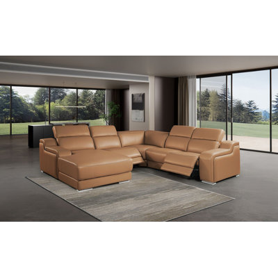 Canapé modulaire cognac 5 pièces en cuir italien fleur de mouton avec 2 fauteuils inclinables électriques et appuis-tête réglables Cognac