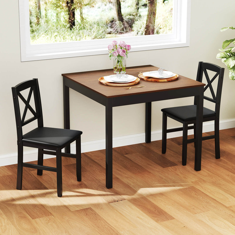 3 Pcs Dining Table Set Wooden Square Kitchen Table With 2 Upholstered Chairs, Brown