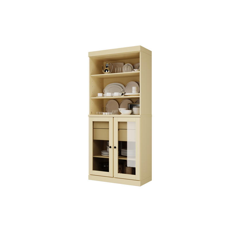 Garde-manger 100% bois massif Kaniesha 32 po avec portes en verre transparent, 2 tiroirs et tablettes réglables, Jaune