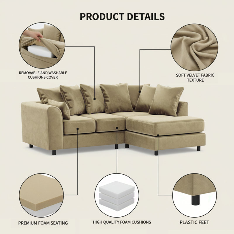 4 Seater Velvet Sofa & Chaise, Beige, Right