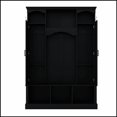 Portemanteau moderne tout-en-un avec tablettes réglables, banc de rangement de style campagnard arqué classique avec armoires latérales doubles, organisateur de hall d'entrée élégant avec 7 crochets pour vestibule, couloir