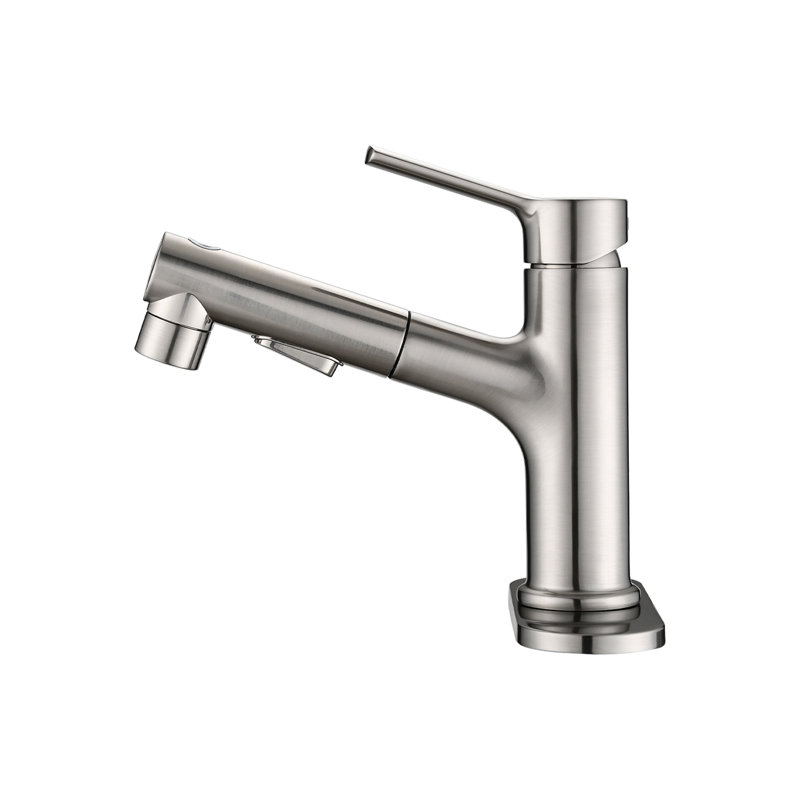 Brushed Nickel Bathroom Sink Tap, Pull Out , Single Handle, Contemporary Style With Pop-Up Drain & Deck Plate Faucet In Nickel, Pull-Out Design And