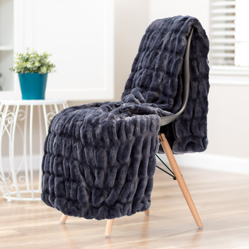 Jeté de lit en fausse fourrure, Bleu gris anthracite, Jeté