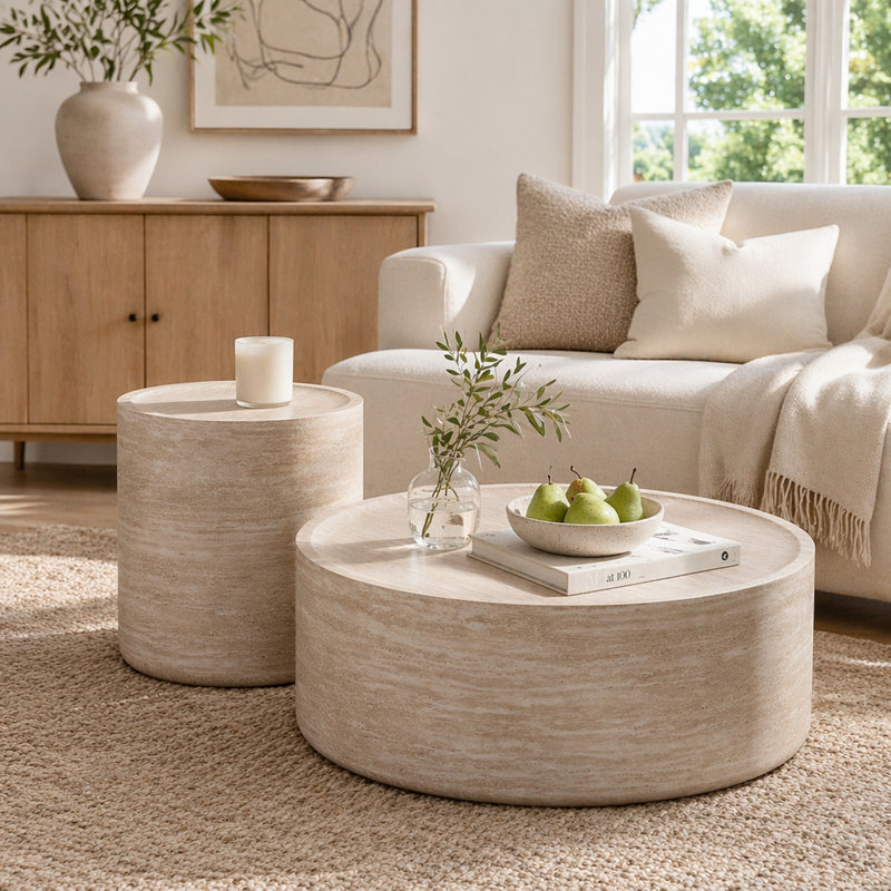 Round End Table with Mars Pattern for Living Room, Modern Drum Circle Side Table