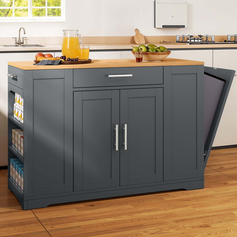 53'' Rolling Kitchen Island With Trash Can Storage, 3-Tier Shelves & 2 Drawers, Gray