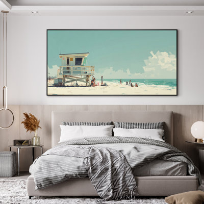 Extra Large Wall Art Fabric Print - Ocean Beach Landscape for Coastal Home Artwork Decor for Living Room or Bedroom - "Frame Assembly Required (Unfinished Frame)"