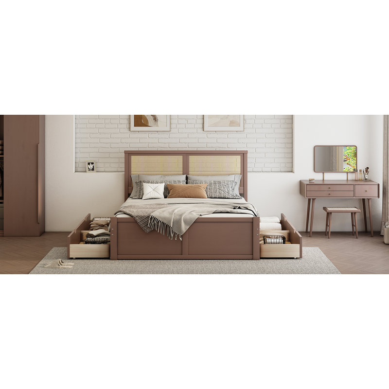 Lit plateforme en bois avec 4 tiroirs et tête de lit en rotin, Noyer, Lit double