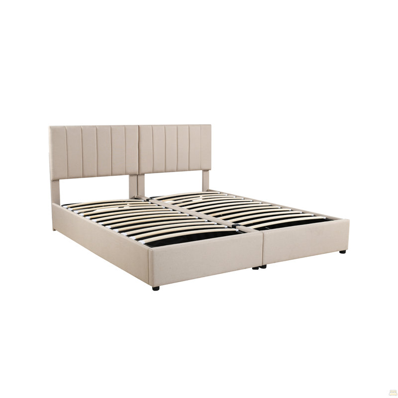 Très grand lit plateforme tapissier avec système de rangement hydraulique, beige