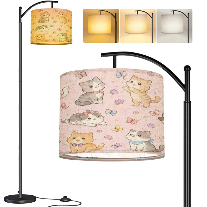 PeeNoke Arc Floor Lamp Seamless Cartoon Cat Butterfly Design Light Pink Tall Modern Standing Lamp LED Adjustable Linen Lampshade 3 Color Temperatures