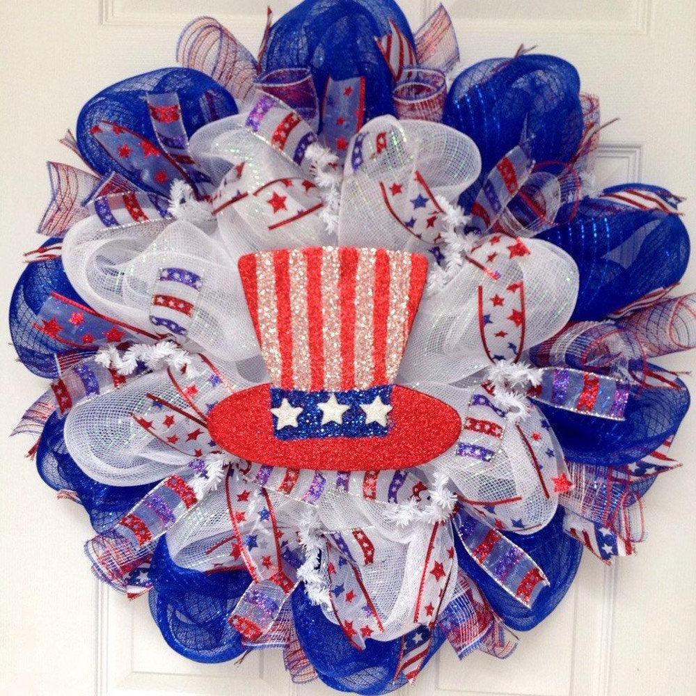 Patriotic Wreath with Glittering Uncle Sam Hat 24 inch diameter Indoor/Outdoor Handmade Deco Mesh Canora Grey